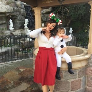 Red Mid-length A-line pleated skirt with bow